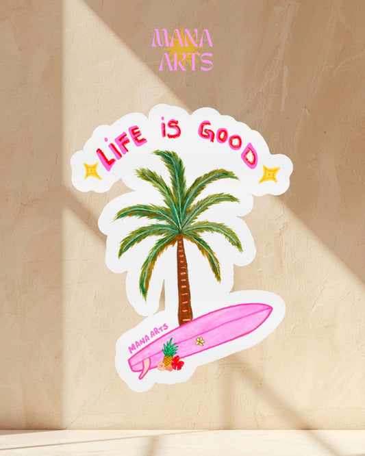 Life is good palm tree & surfboard waterproof vinyl  sticker