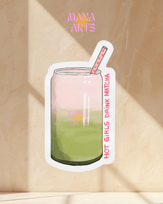 Hot girls drink matcha waterproof vinyl sticker